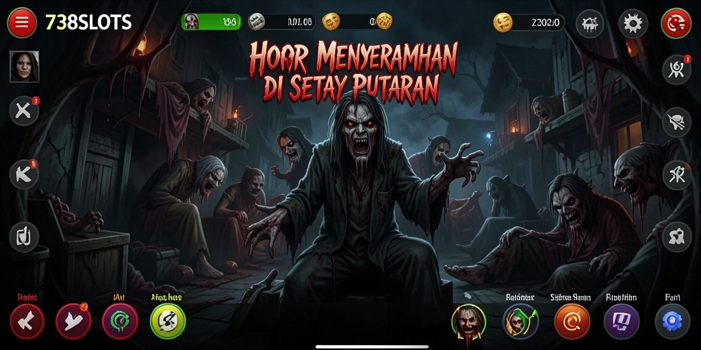 Screenshot gameplay menampilkan simbol menyeramkan dan suasana horor yang mencekam.